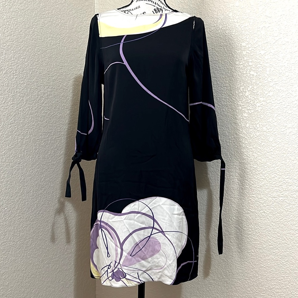 Elie Tahari Silk Cutout Shoulder 3/4 Sleeve Black Floral Midi Dress